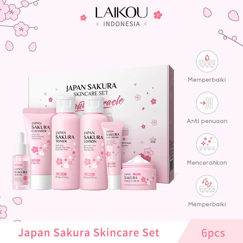 🌸 LAIKOU Sakura Complete Hydrating & Brightening Skin Care Set with Cleanser, Serum, Toner, Cream & Eye Cream