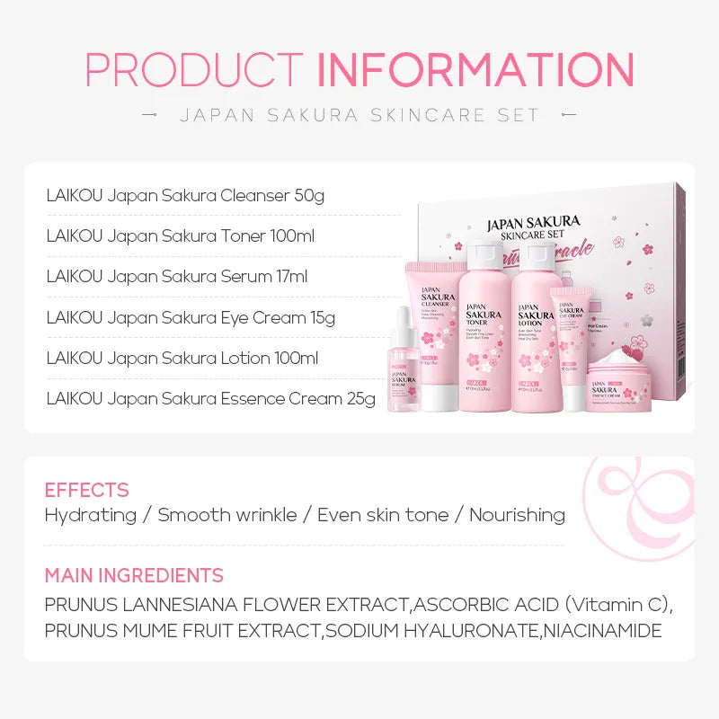 🌸 LAIKOU Sakura Complete Hydrating & Brightening Skin Care Set with Cleanser, Serum, Toner, Cream & Eye Cream