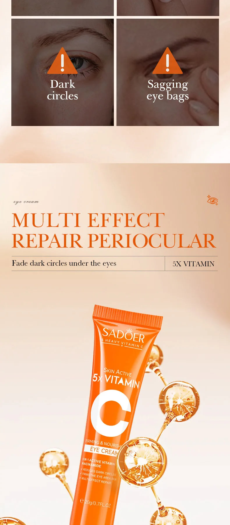 SADOER Vitamin C Eye Cream for Dark Circles, Eye Bags, Puffiness, Brightening, Firming, Moisturizing Care