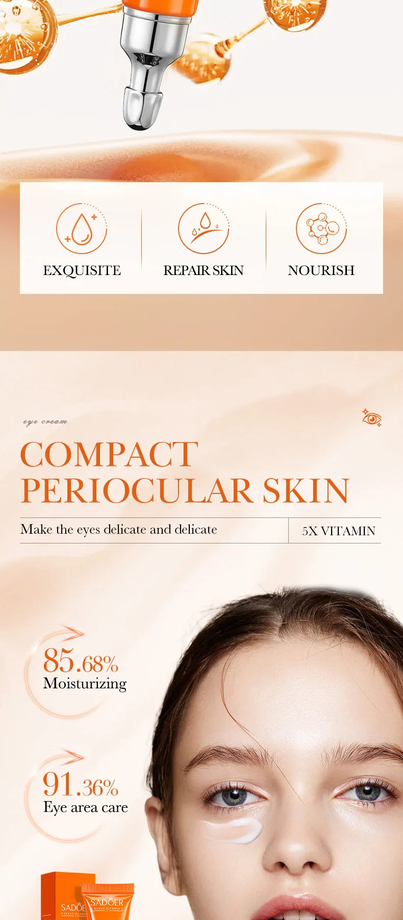 SADOER Vitamin C Eye Cream for Dark Circles, Eye Bags, Puffiness, Brightening, Firming, Moisturizing Care
