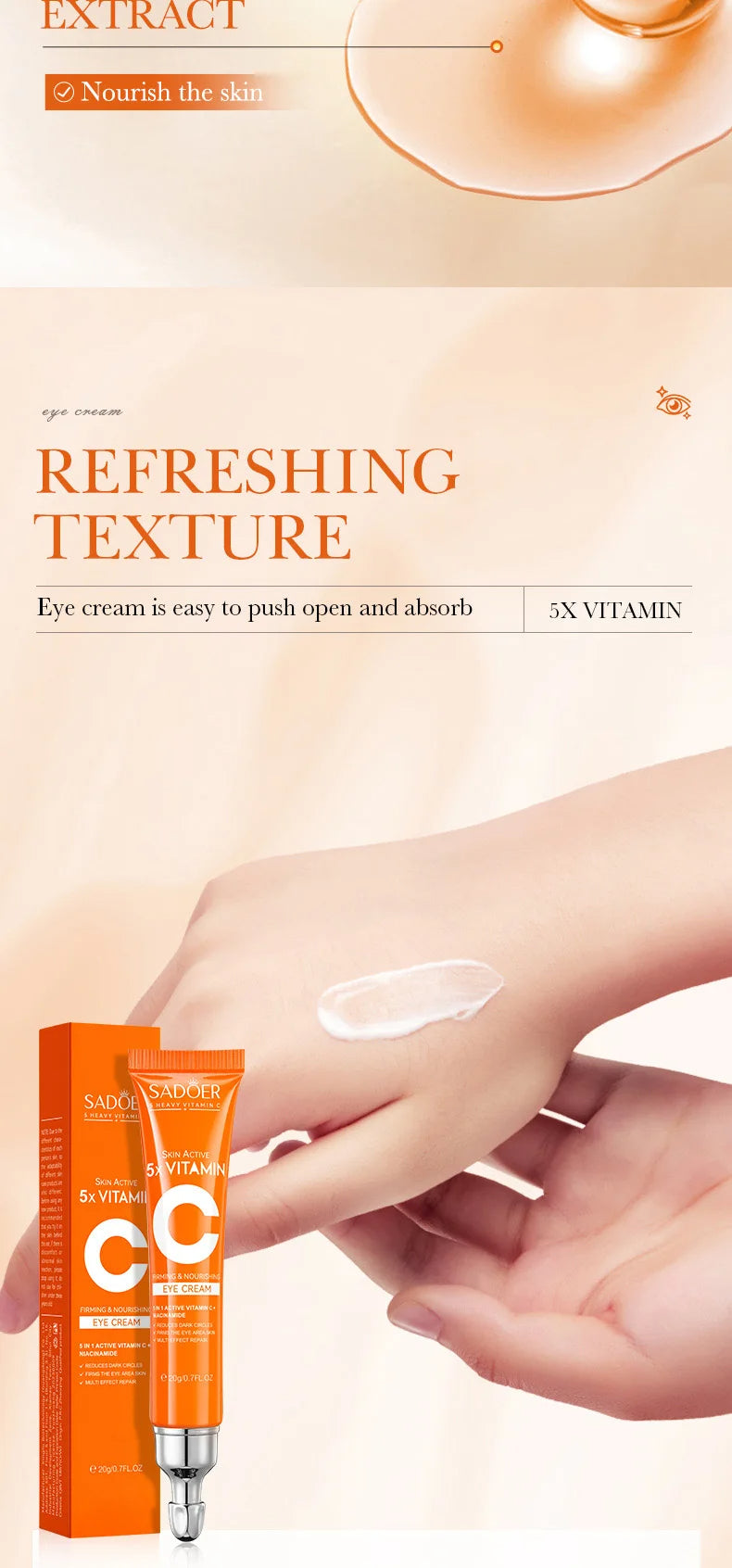 SADOER Vitamin C Eye Cream for Dark Circles, Eye Bags, Puffiness, Brightening, Firming, Moisturizing Care
