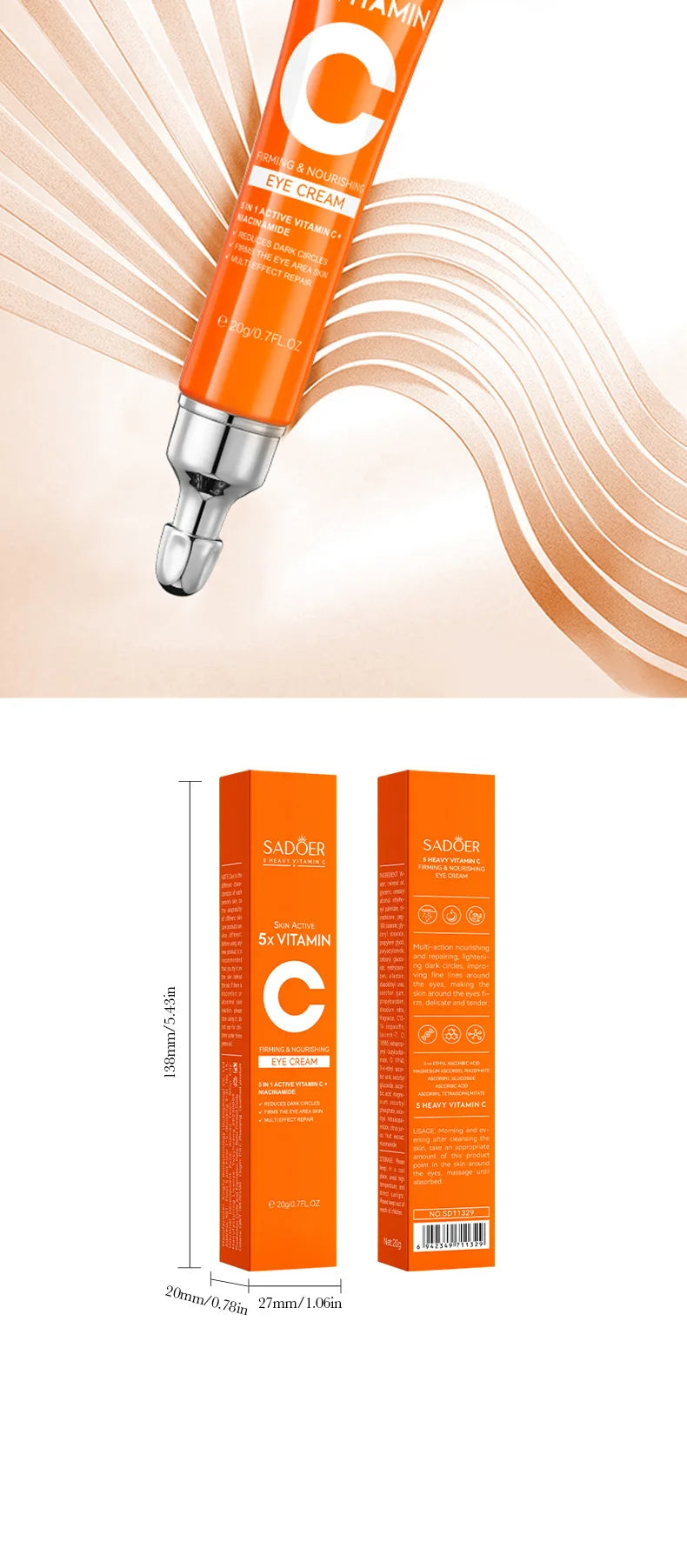 SADOER Vitamin C Eye Cream for Dark Circles, Eye Bags, Puffiness, Brightening, Firming, Moisturizing Care