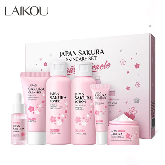 🌸 LAIKOU Sakura Complete Hydrating & Brightening Skin Care Set with Cleanser, Serum, Toner, Cream & Eye Cream