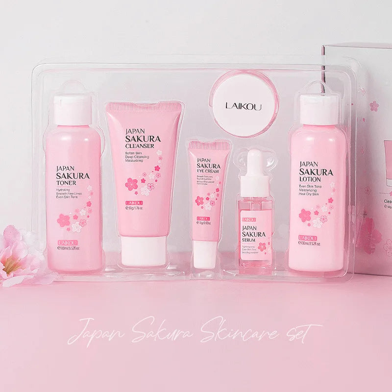 🌸 LAIKOU Sakura Complete Hydrating & Brightening Skin Care Set with Cleanser, Serum, Toner, Cream & Eye Cream